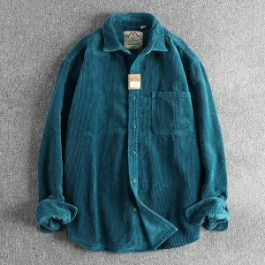 Aidase Single Pocket Woven 100% Cotton 8 Wales Corduroy Men Shirts Vintage Classic Long Sleeve Blouses Amekaji Heavy Washed Tops Coats