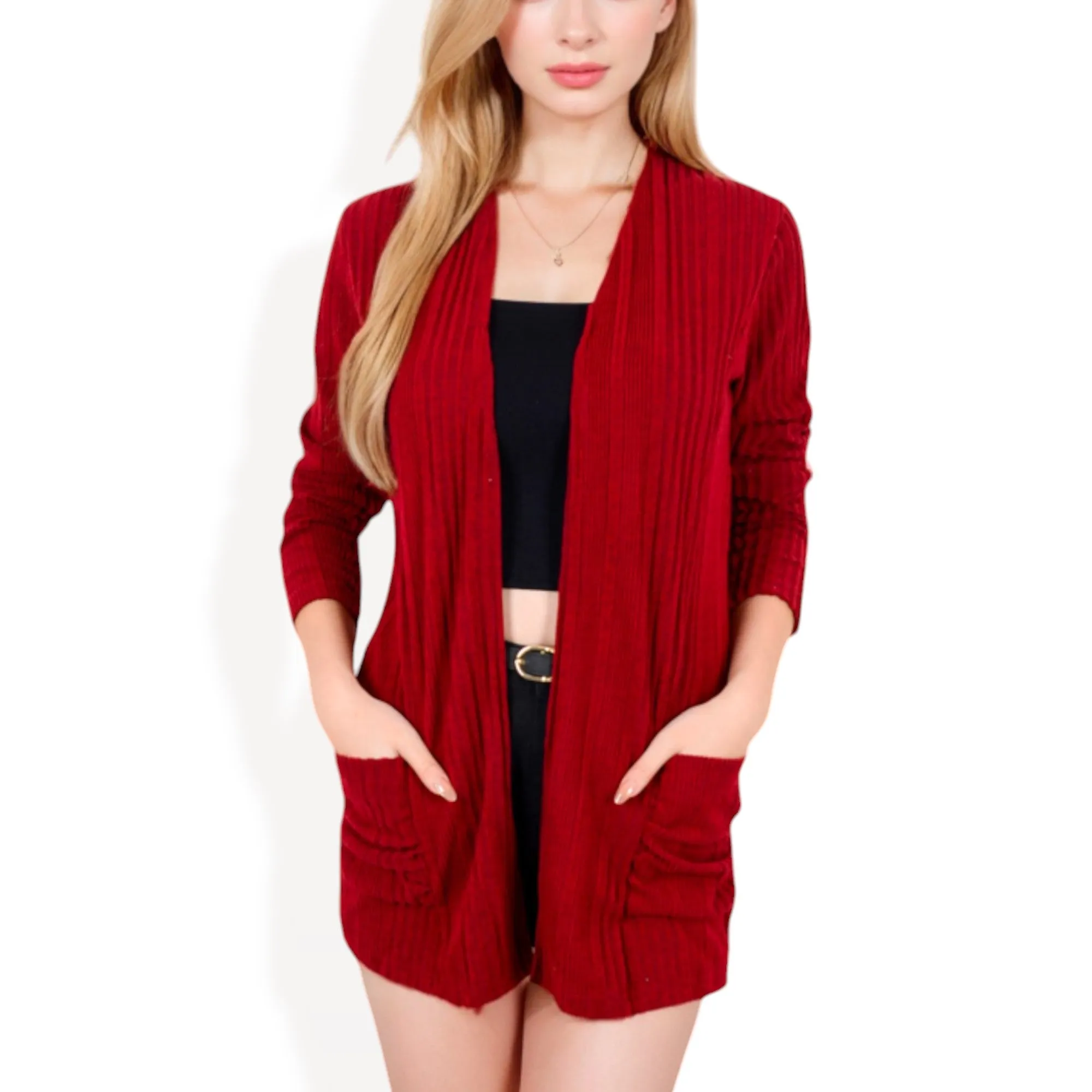 Anna-Kaci Women's Open Front Ribbed Cardigan with Long Sleeves and Front Pockets