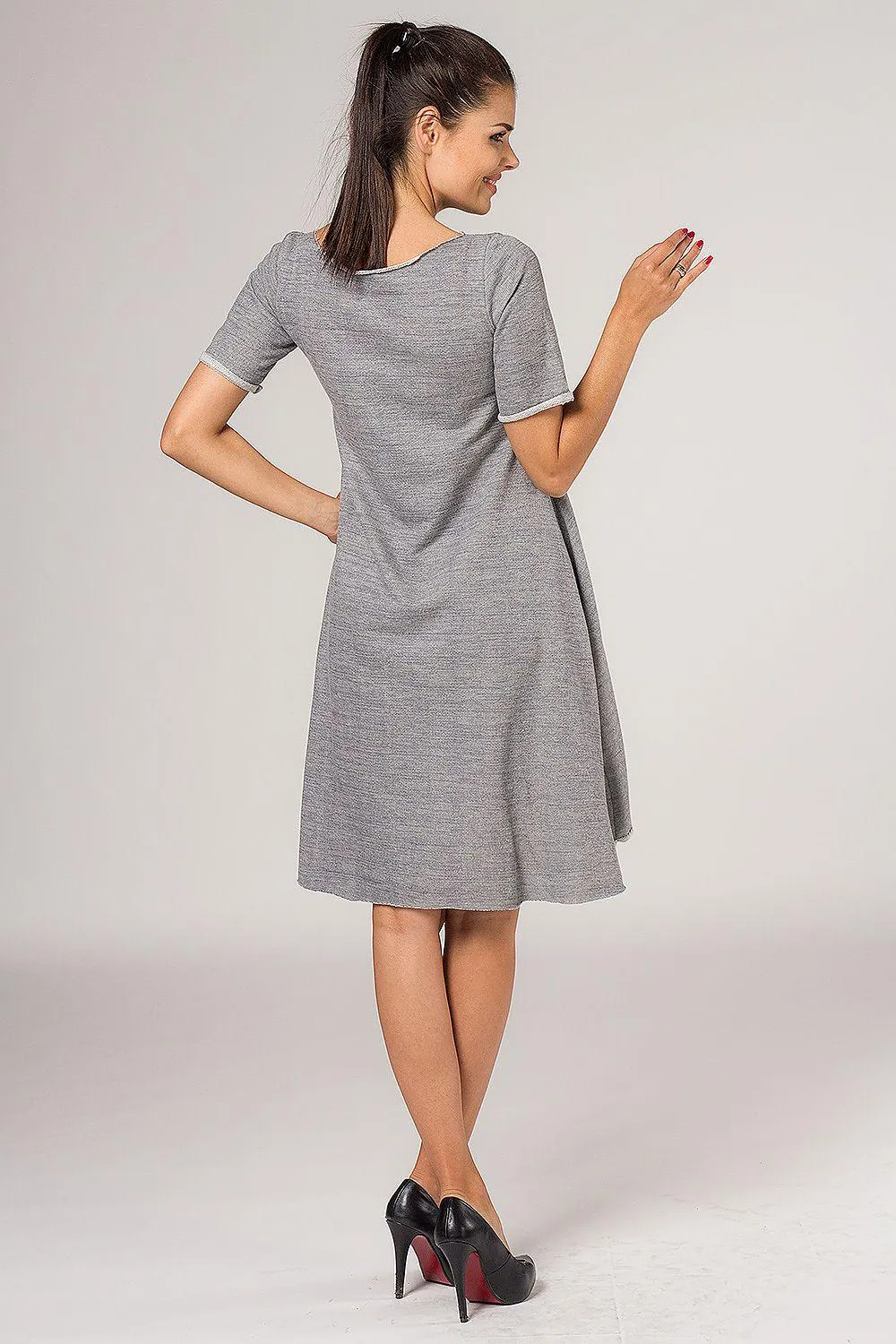 Chic Grey Quilted Dress with Extended Back and Fashionable Flare