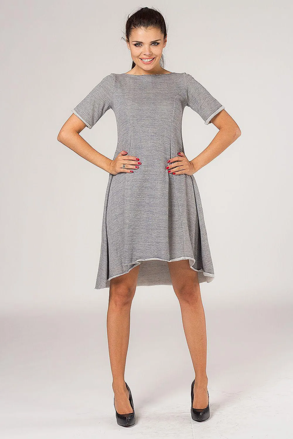 Chic Grey Quilted Dress with Extended Back and Fashionable Flare