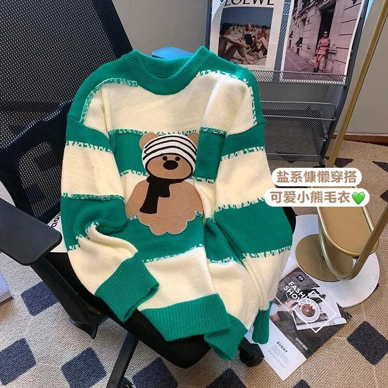 Cozy Cartoon Bear Knit Sweater - Oversized Casual Chic Top