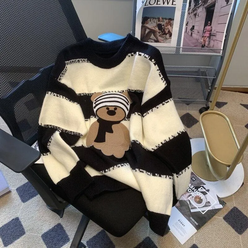 Cozy Cartoon Bear Knit Sweater - Oversized Casual Chic Top