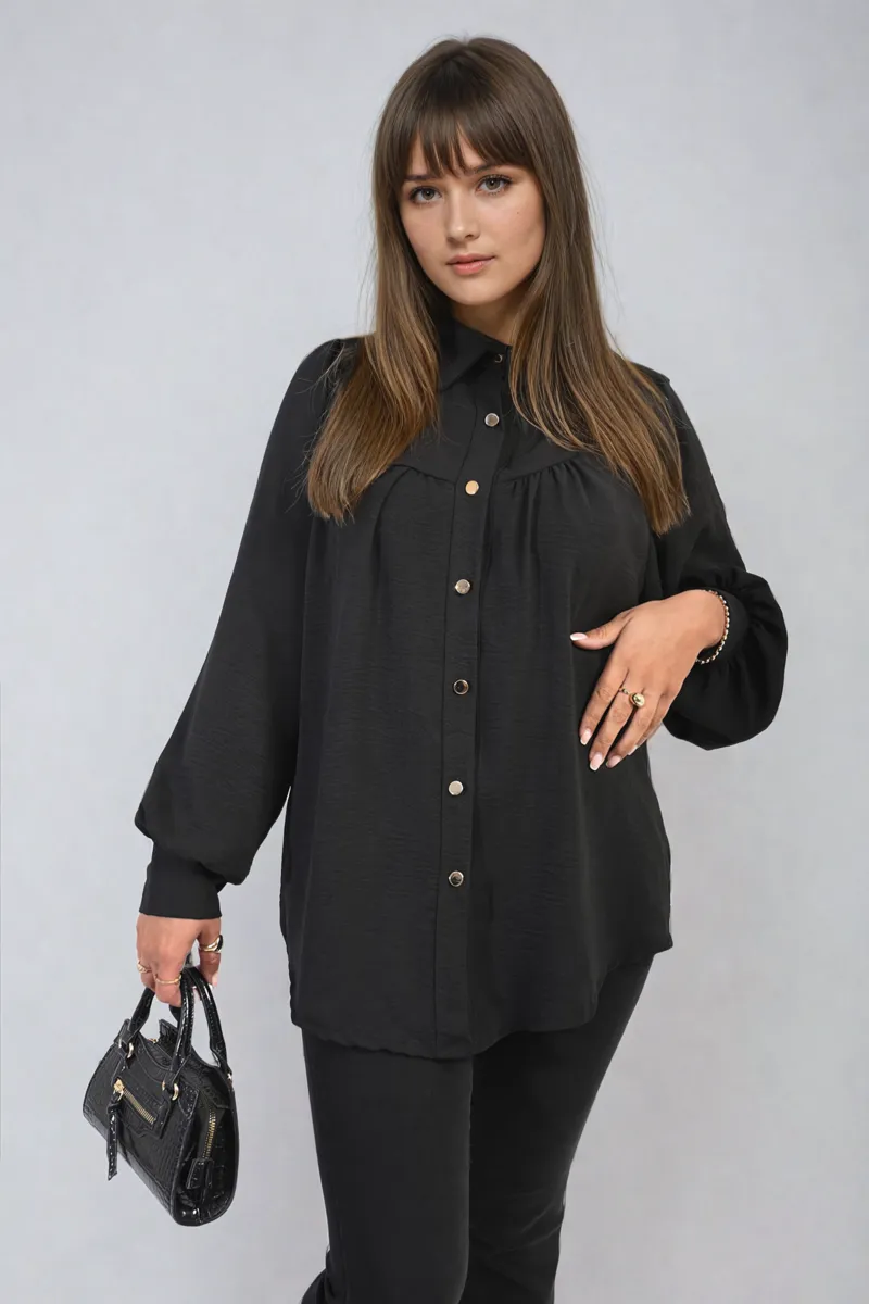 High Neckline Button Front Balloon Sleeve Top