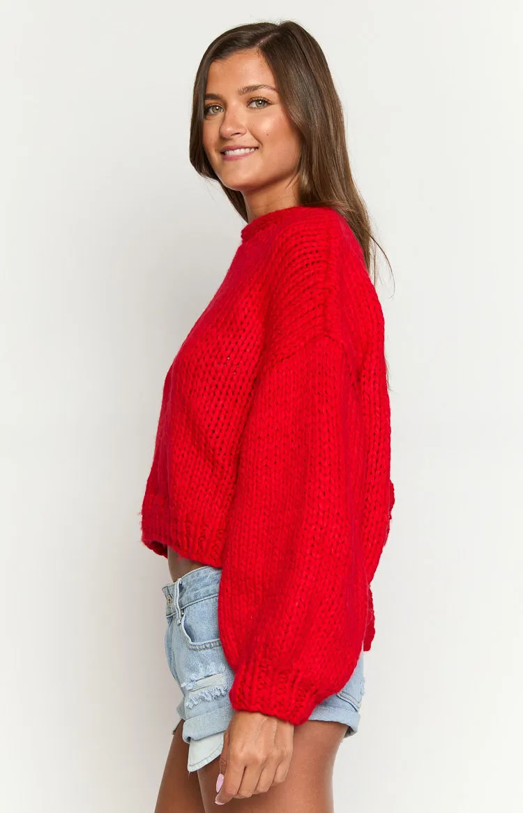 Holiday Red Tie Up Knit Cardigan