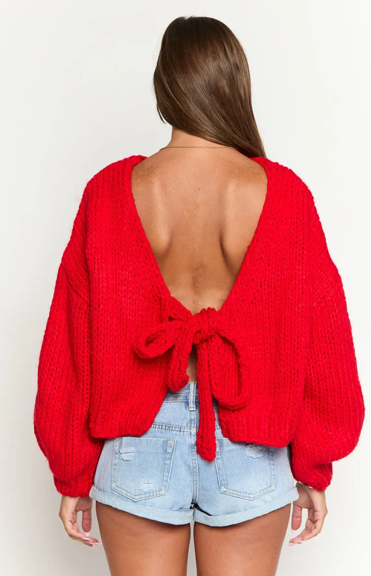 Holiday Red Tie Up Knit Cardigan