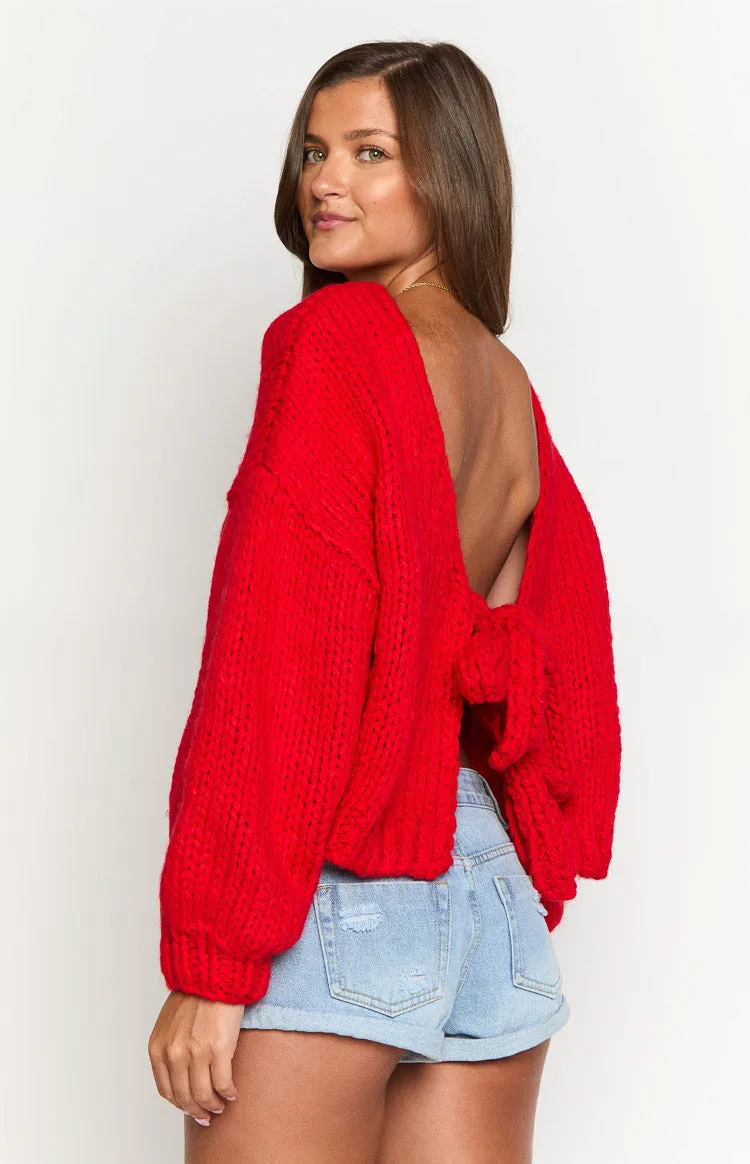 Holiday Red Tie Up Knit Cardigan