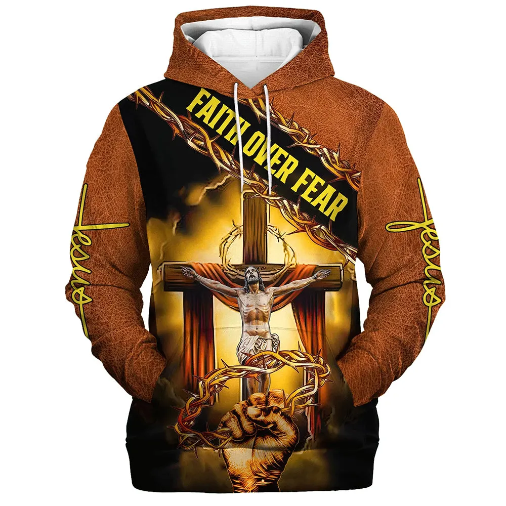 Jesus Crown Of Thorns Hoodie Faith Over Fear Hoodies Jesus Hoodie Men & Women Christian Hoodie 3D Printed Hoodie