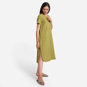 Khaki Green Cotton Flax High-Low Midi Dress