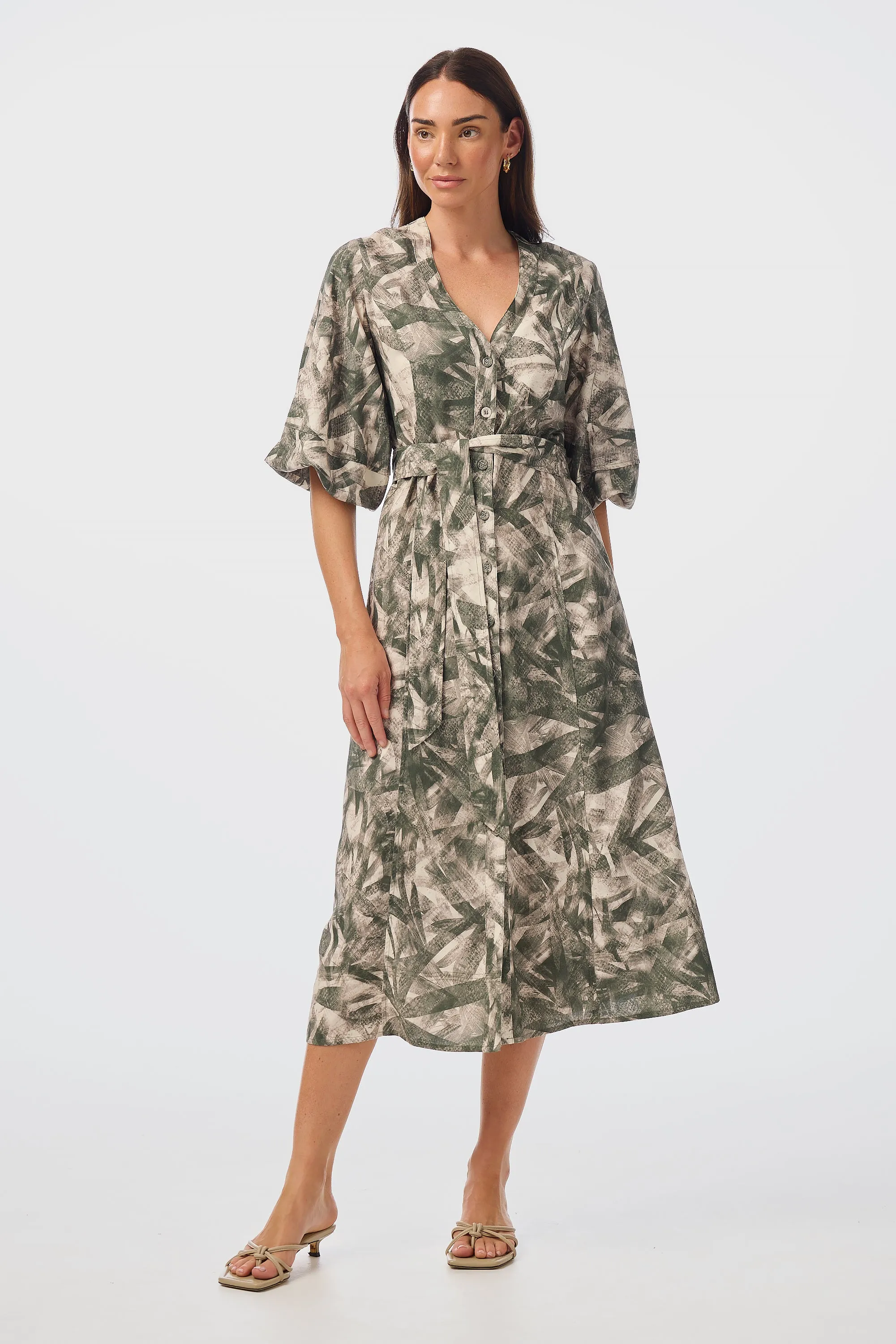 Lantern Sleeve Midi Dress - Khaki Palm