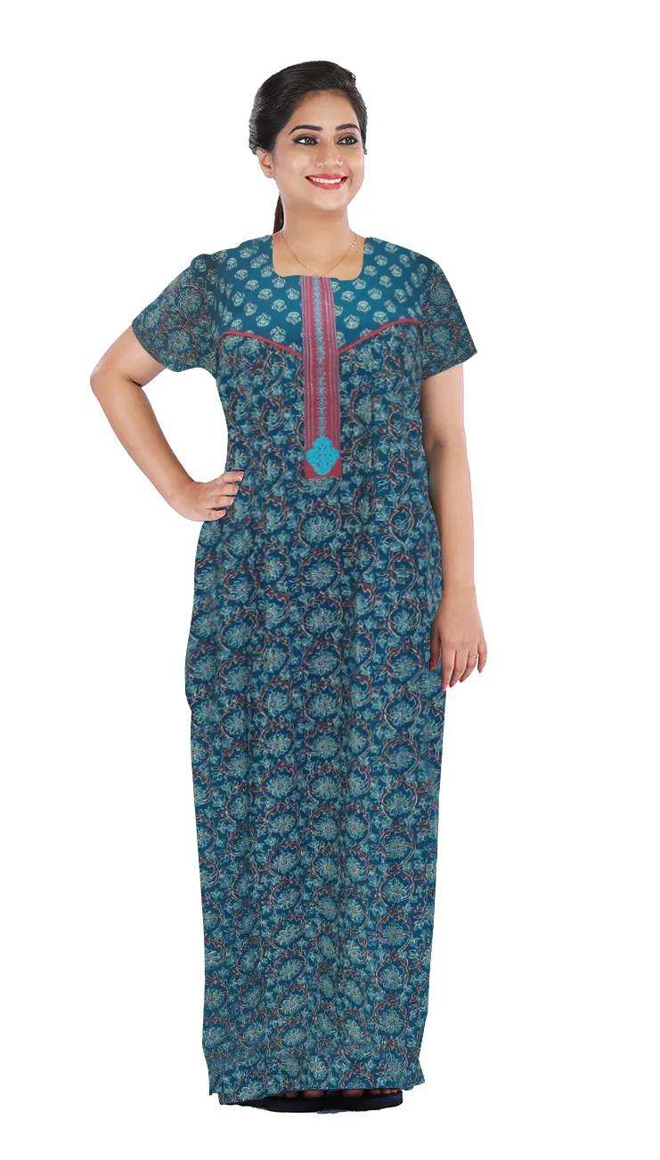 MANGAI New Regular Fit Cotton Printed Pleated Nighties - All Over Printed Stylish Nighties  | Side Cut Pocket | Front without Zipper Type | Beautiful Nighties for Stylish Women's (MPL)