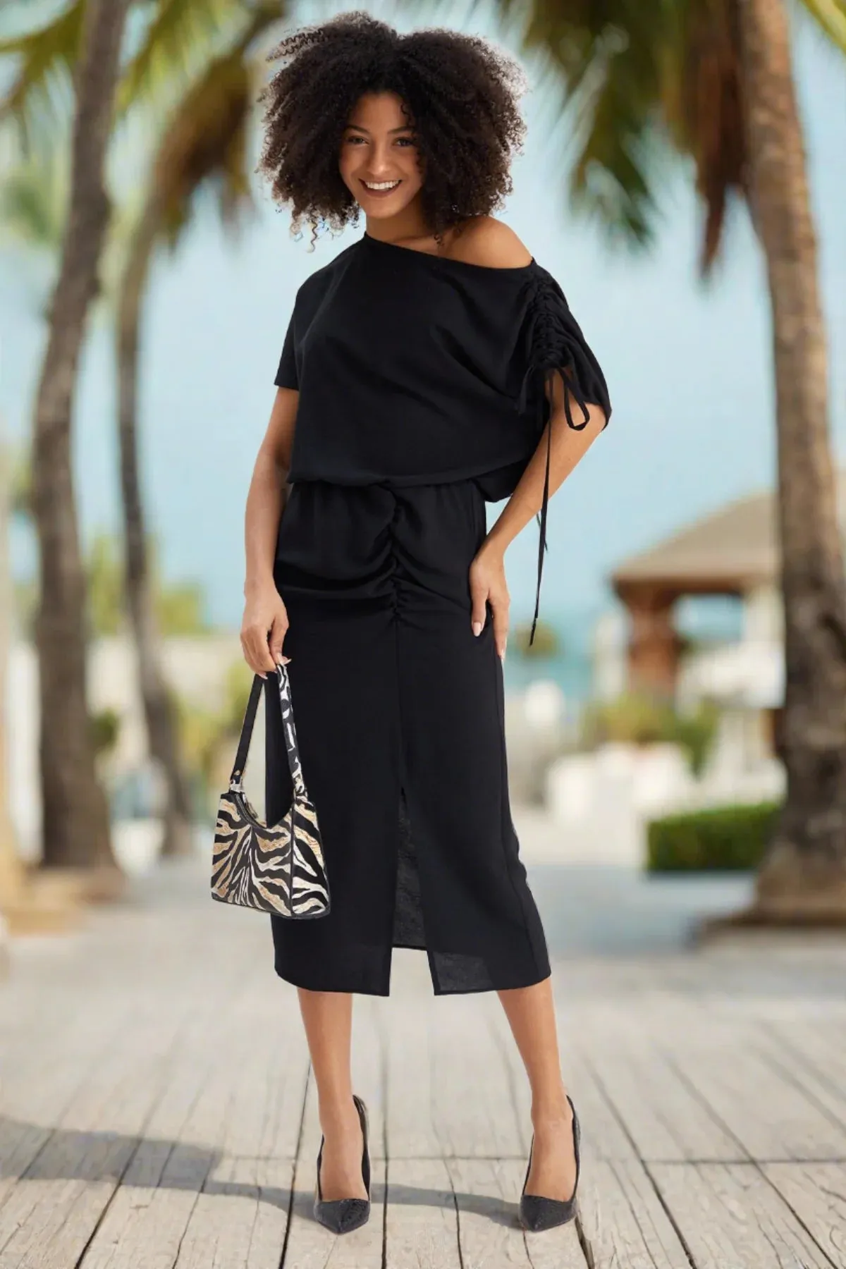 Megan Off The Shoulder Midi Dress Black