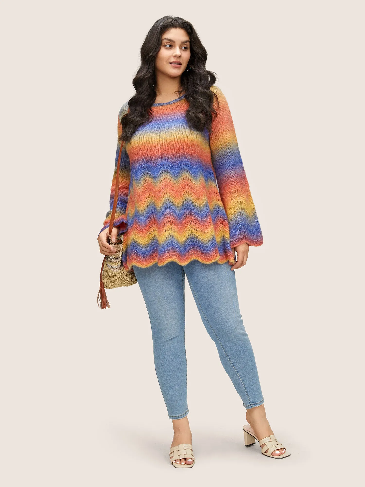 Ombre Contrast Hollow Out Scalloped Trim Pullover