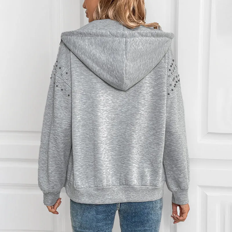 Perfee Rhinestone Zip Up Long Sleeve Hoodie