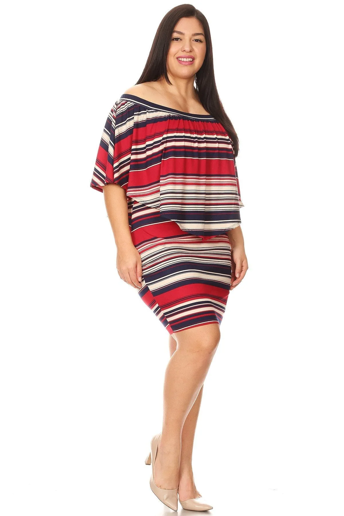 Plus Size Off Shoulder Multi Stripe Ruffle overlay bodycon Party Dress