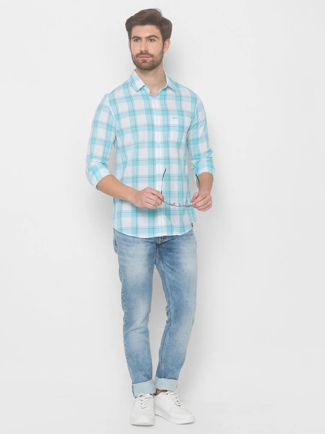 Spykar Men Aqua Blue Cotton Shirts (Slim)