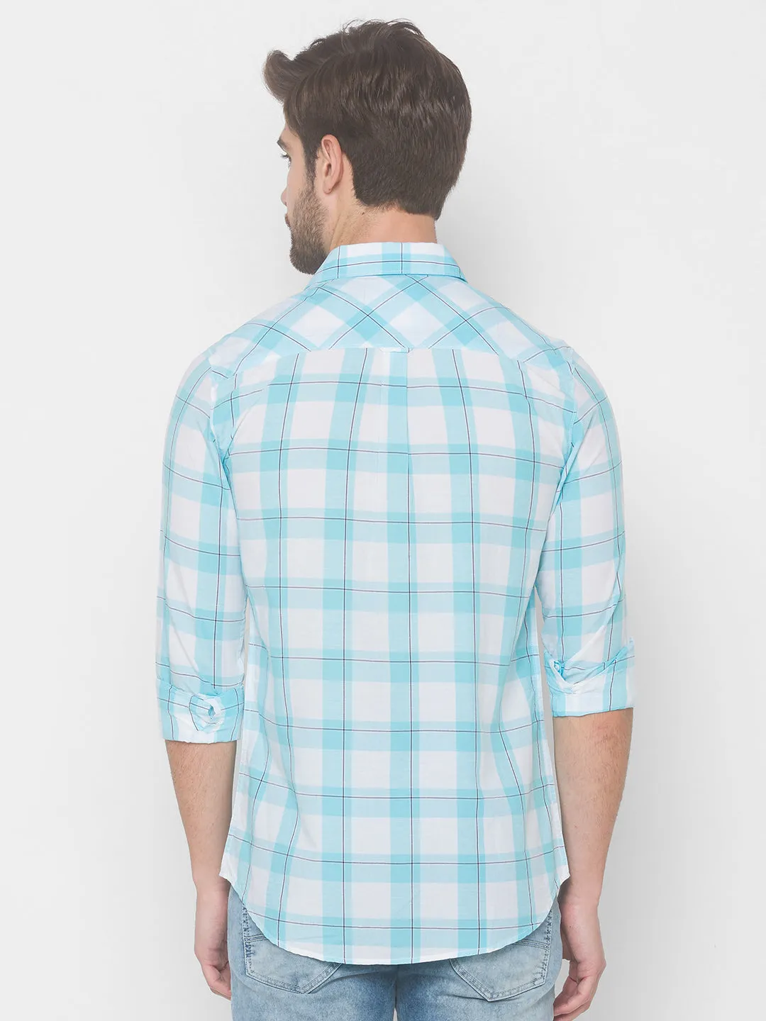 Spykar Men Aqua Blue Cotton Shirts (Slim)