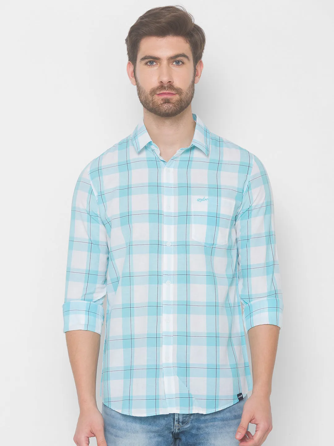 Spykar Men Aqua Blue Cotton Shirts (Slim)