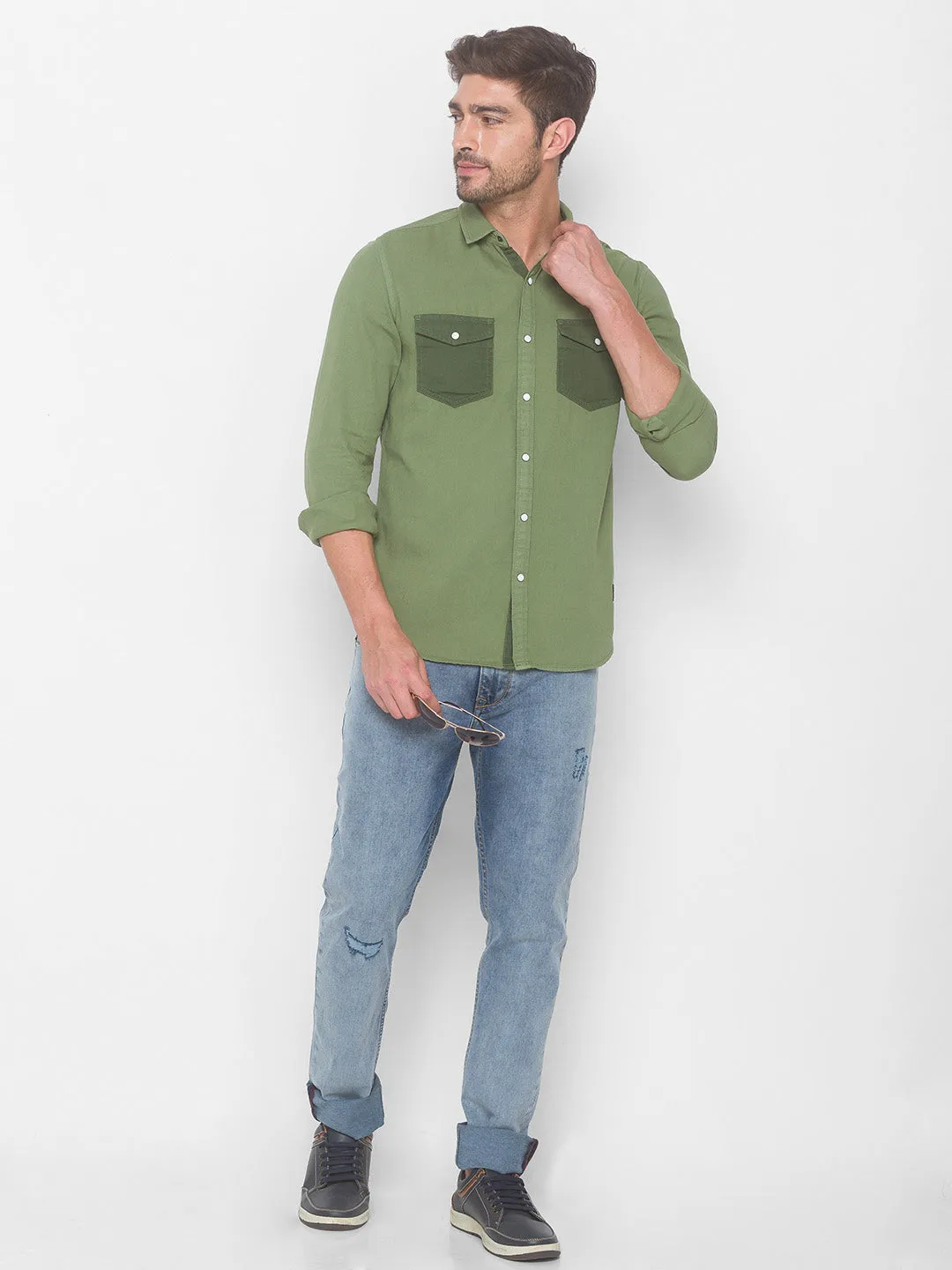 Spykar Men Olive Cotton Shirts (Slim)