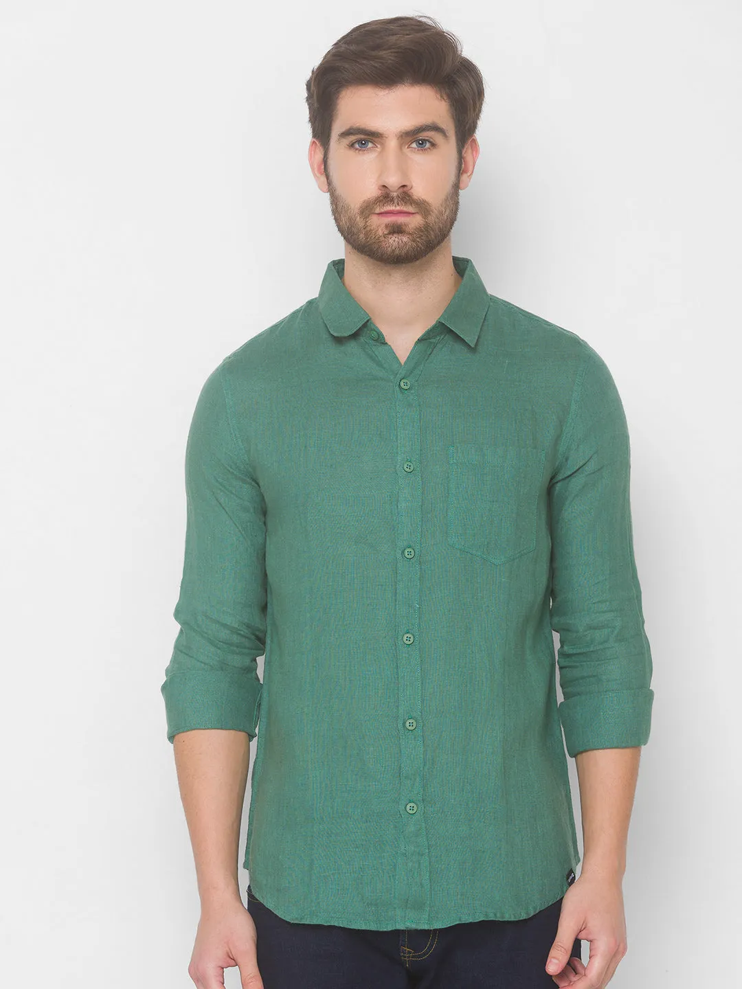 Spykar Men Sage Green Cotton Shirts (Slim)