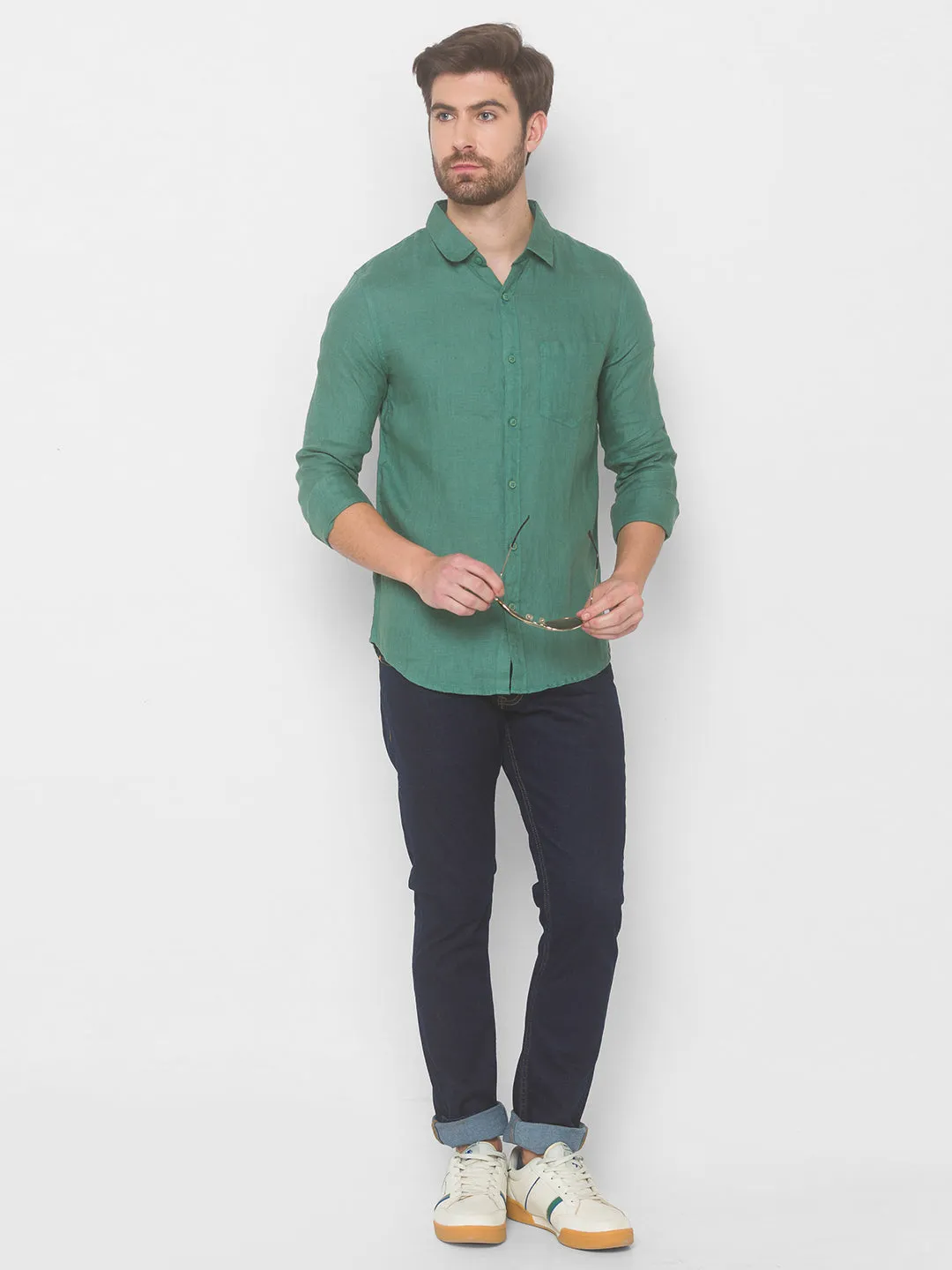 Spykar Men Sage Green Cotton Shirts (Slim)