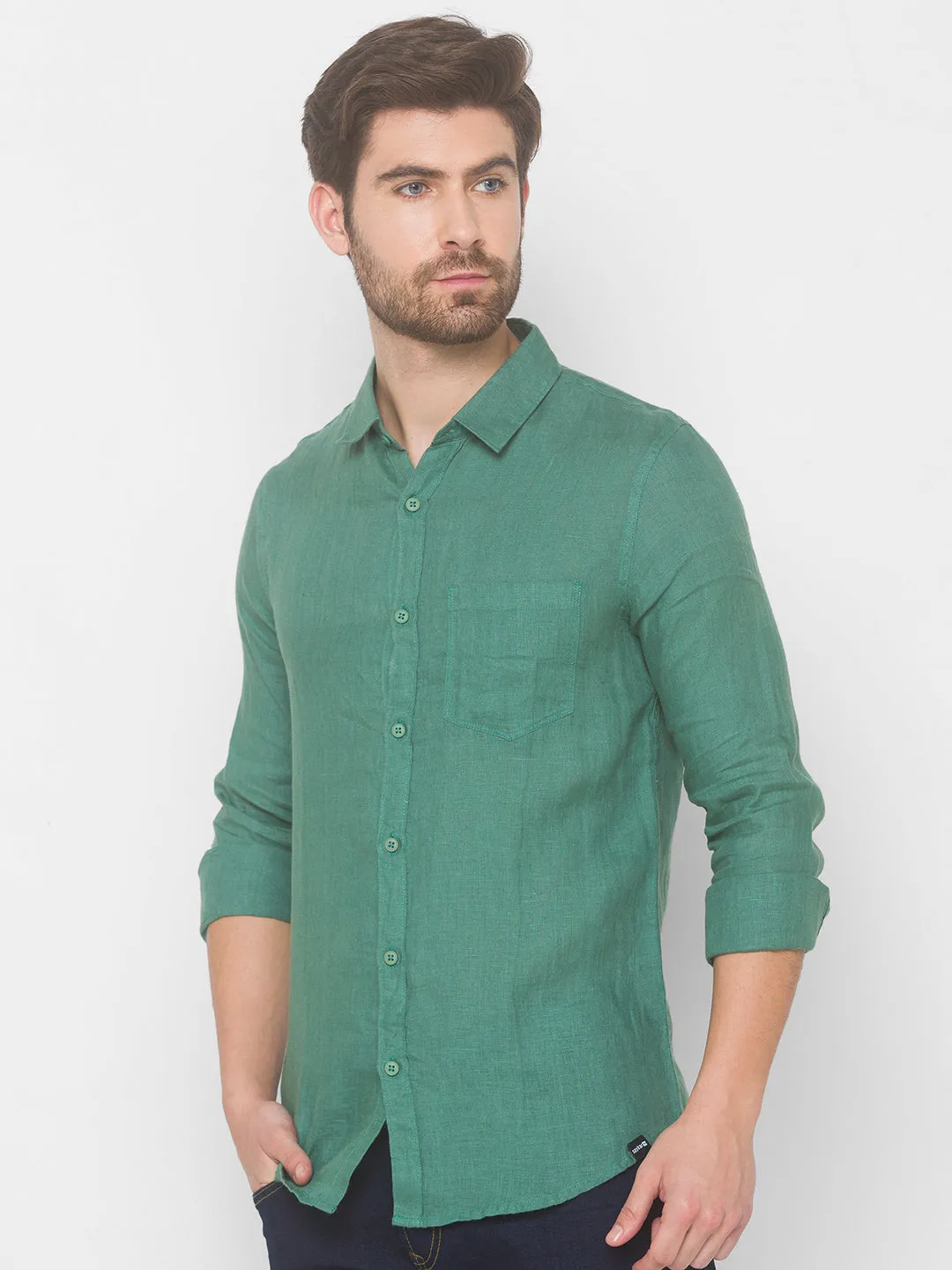 Spykar Men Sage Green Cotton Shirts (Slim)