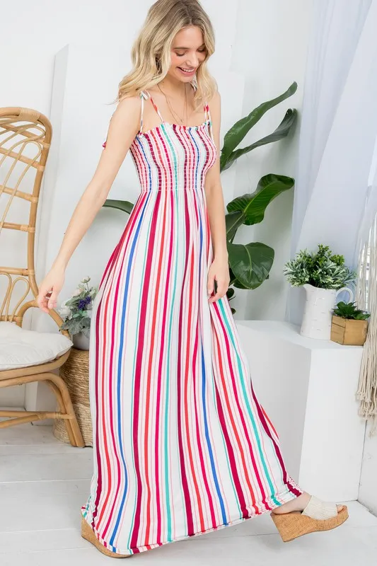 STRIPE SMOCKED MAXI DRESS