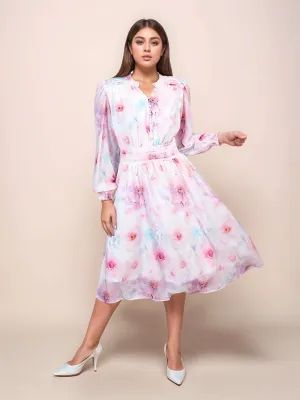 White Floral Prints Relaxed Fit Midi Dress