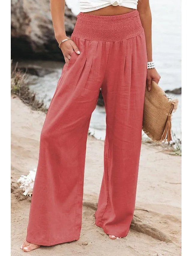 Women's Plus Size Linen Lounge Pants Pure Color Wide Leg Pants Fashion Casual Soft Home Daily Breathable Pants Pocket Summer Spring Black White