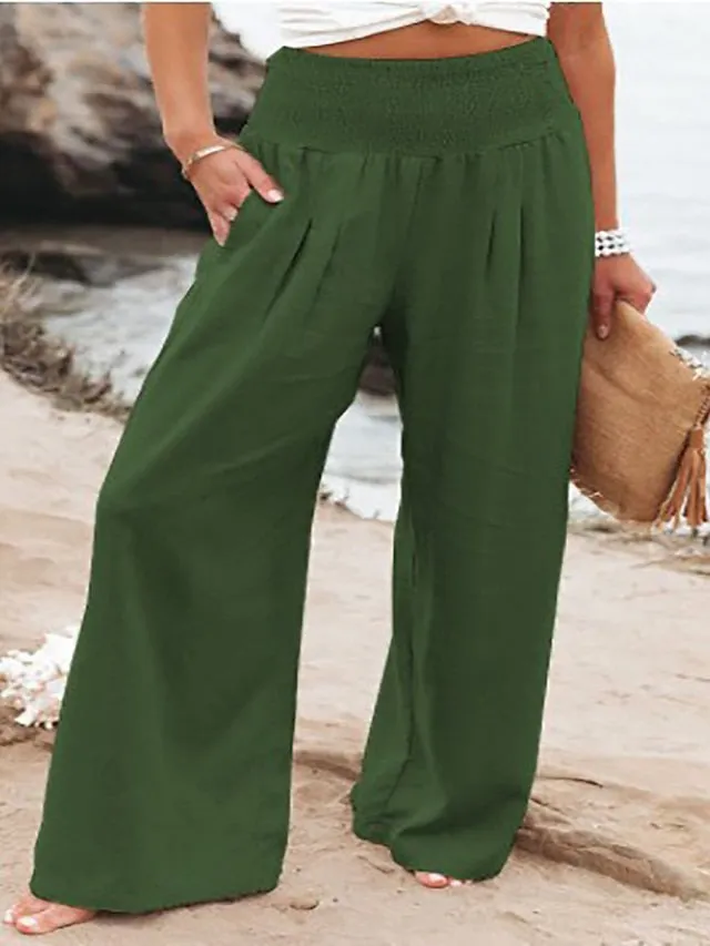 Women's Plus Size Linen Lounge Pants Pure Color Wide Leg Pants Fashion Casual Soft Home Daily Breathable Pants Pocket Summer Spring Black White