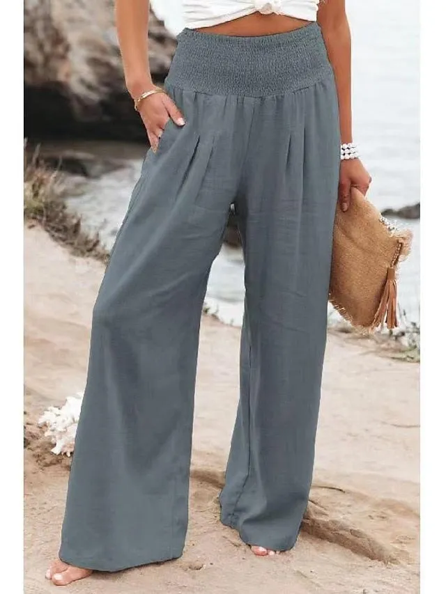 Women's Plus Size Linen Lounge Pants Pure Color Wide Leg Pants Fashion Casual Soft Home Daily Breathable Pants Pocket Summer Spring Black White