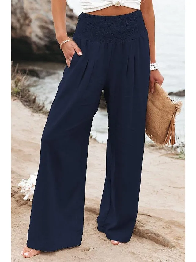 Women's Plus Size Linen Lounge Pants Pure Color Wide Leg Pants Fashion Casual Soft Home Daily Breathable Pants Pocket Summer Spring Black White