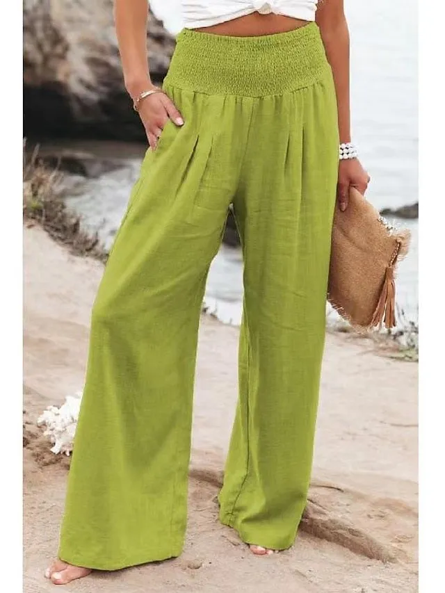 Women's Plus Size Linen Lounge Pants Pure Color Wide Leg Pants Fashion Casual Soft Home Daily Breathable Pants Pocket Summer Spring Black White