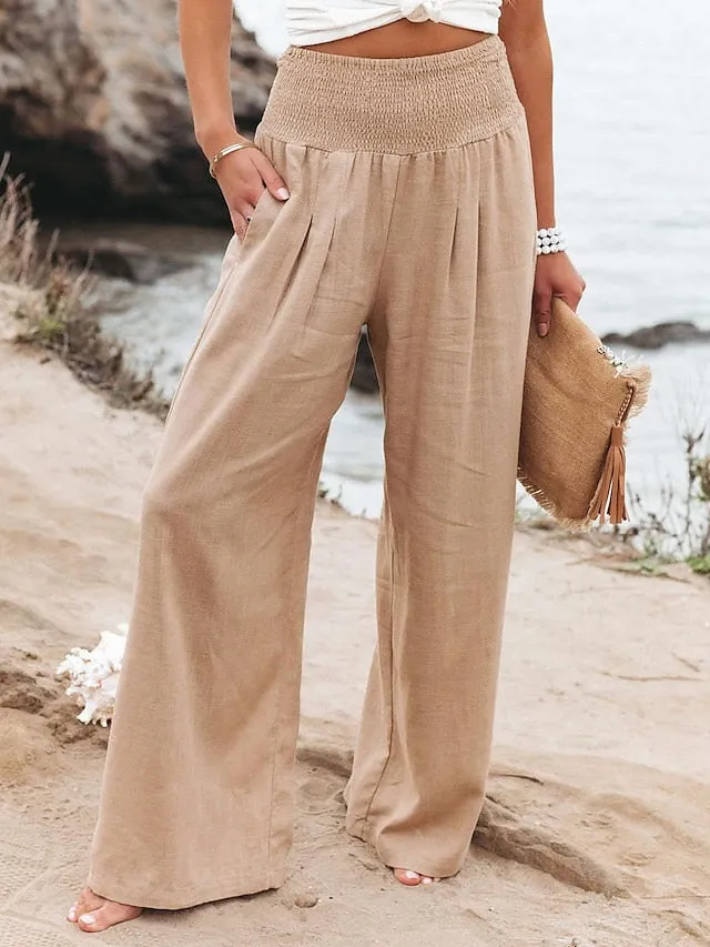 Women's Plus Size Linen Lounge Pants Pure Color Wide Leg Pants Fashion Casual Soft Home Daily Breathable Pants Pocket Summer Spring Black White