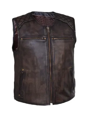 Woodland Brown Biker Quilted Genuine Leather Vest